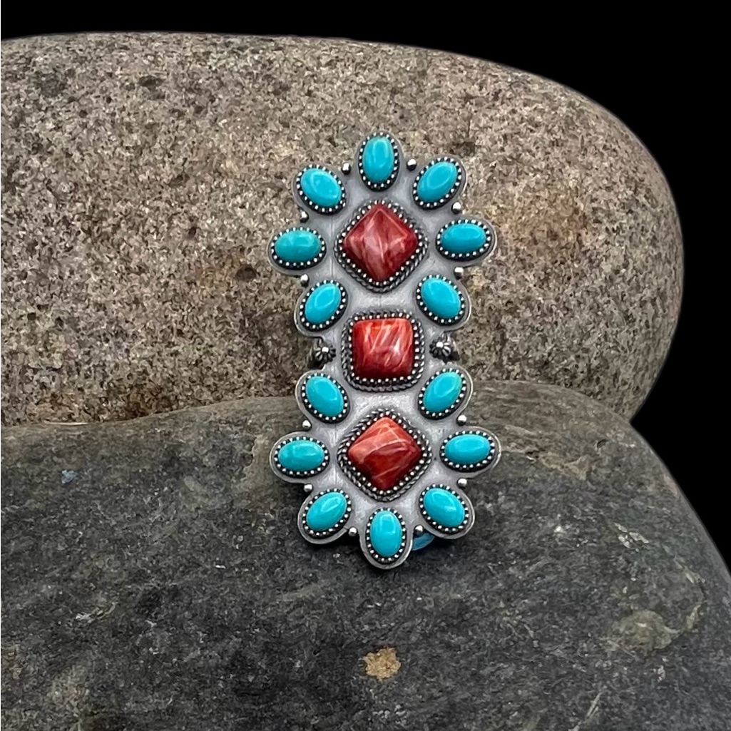 Signed Navajo Sterling Silver Sleeping Beauty Turquoise Red Spiny Oyster Ring 250$
